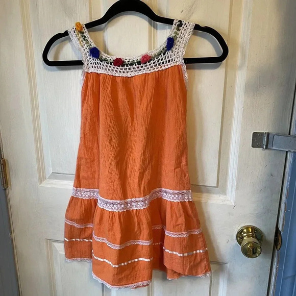 VTG Aruba Girl Sun Dress Sz 8 Orange Floral Embroidered Crochet Casual Beachy - Picture 7 of 7